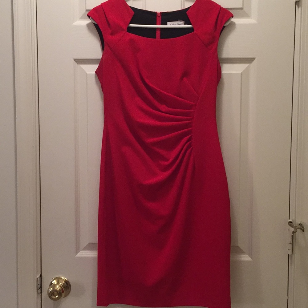 Calvin Klein red ruched cocktail dress